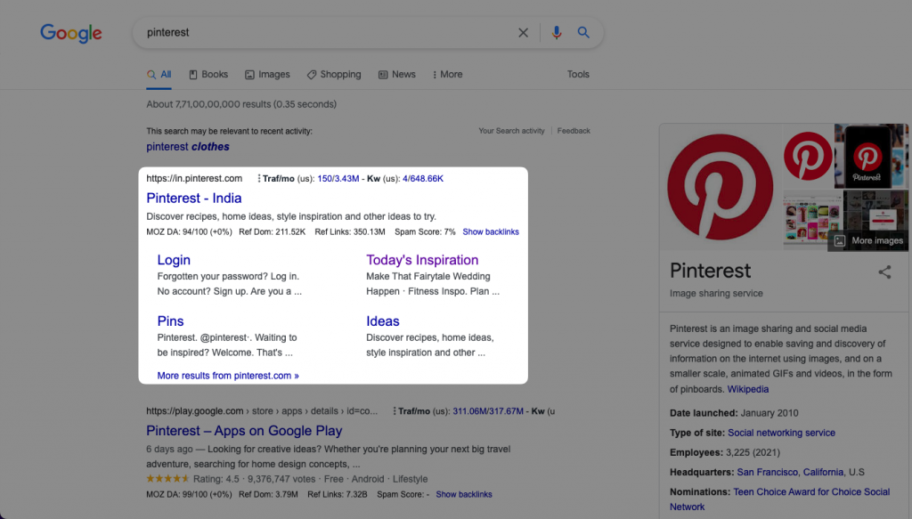 Google showing sitelinks for Pinterest