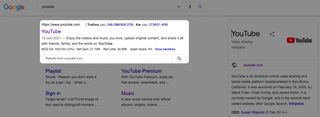 Google showing sitelinks search box for YouTube